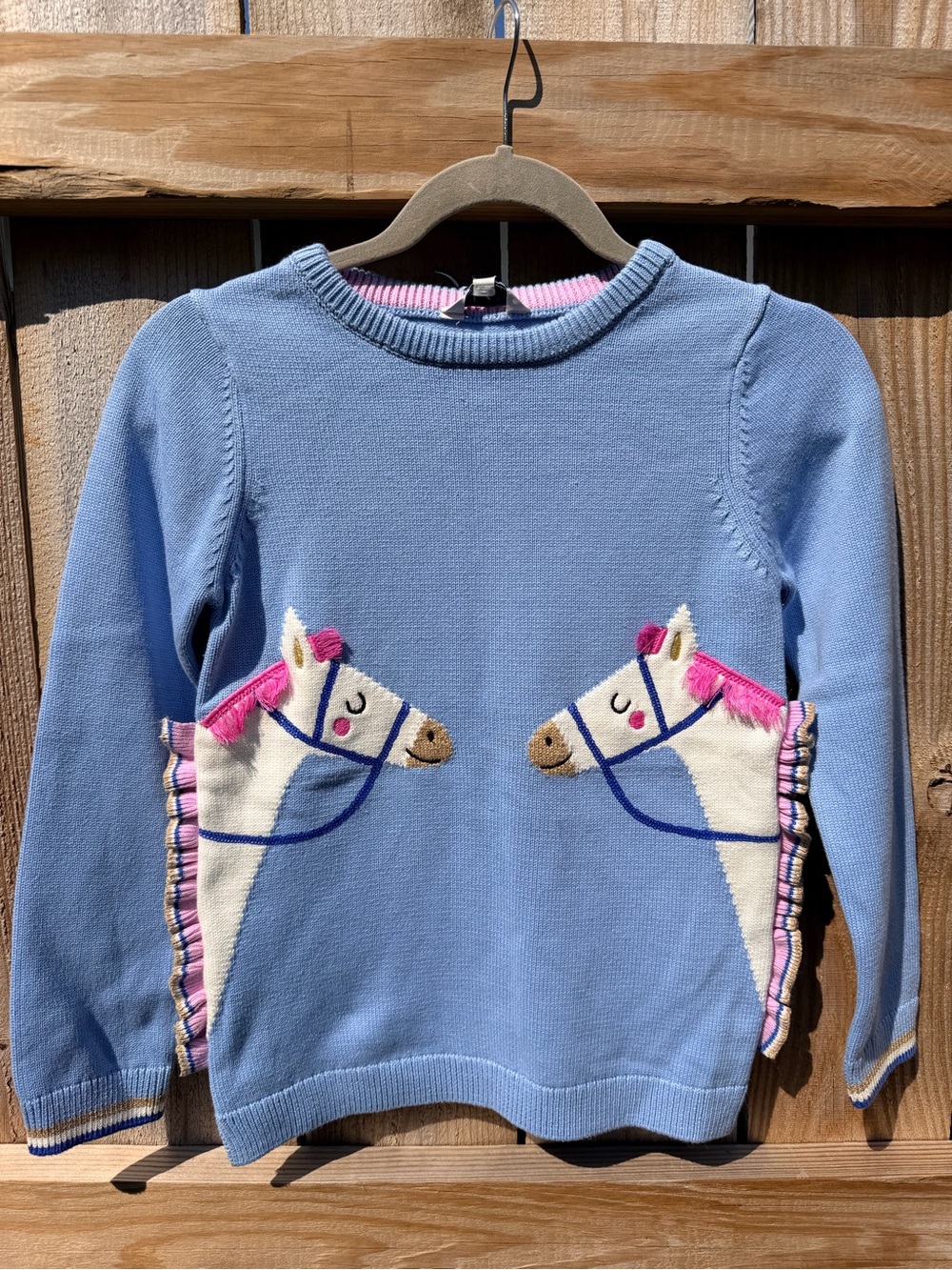 Joules Blue Knit Sweater with Pink-Accented Horse Appliqués